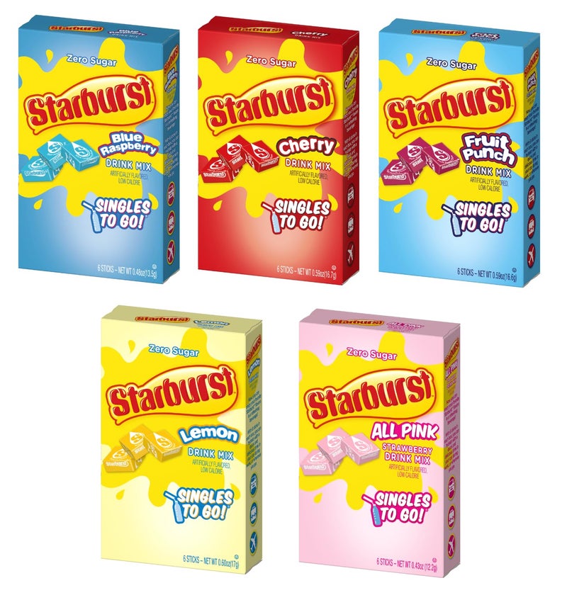 SINGLES TO GO! Starburst Singles to Go Variety Pack: All 5 Flavors (Raspberry, Cherry, Fruit Punch, Strawberry and Lemon) - 1 Box Each - Image 1