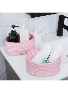 ABenkle ABenkle 【2 Pack】 Small Woven Baskets, Tiny Oval Shallow Storage Baskets, Mini Cotton Rope Empty Decorative Basket, Boho Montessori Little Organizer Bins for Nursery Room Kids Baby Dog Toy Gifts-Pink  - Image 4