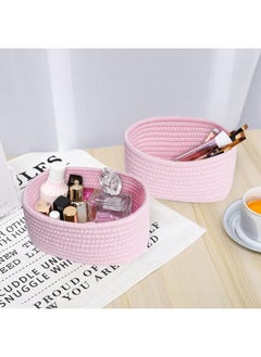 ABenkle ABenkle 【2 Pack】 Small Woven Baskets, Tiny Oval Shallow Storage Baskets, Mini Cotton Rope Empty Decorative Basket, Boho Montessori Little Organizer Bins for Nursery Room Kids Baby Dog Toy Gifts-Pink  - Image 5