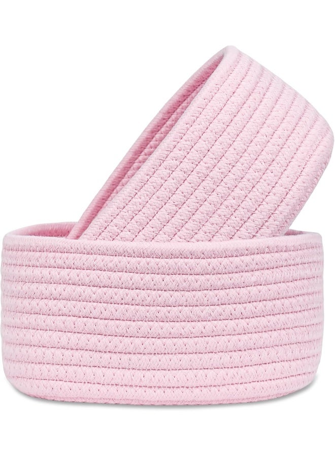 ABenkle ABenkle 【2 Pack】 Small Woven Baskets, Tiny Oval Shallow Storage Baskets, Mini Cotton Rope Empty Decorative Basket, Boho Montessori Little Organizer Bins for Nursery Room Kids Baby Dog Toy Gifts-Pink  - Image 1