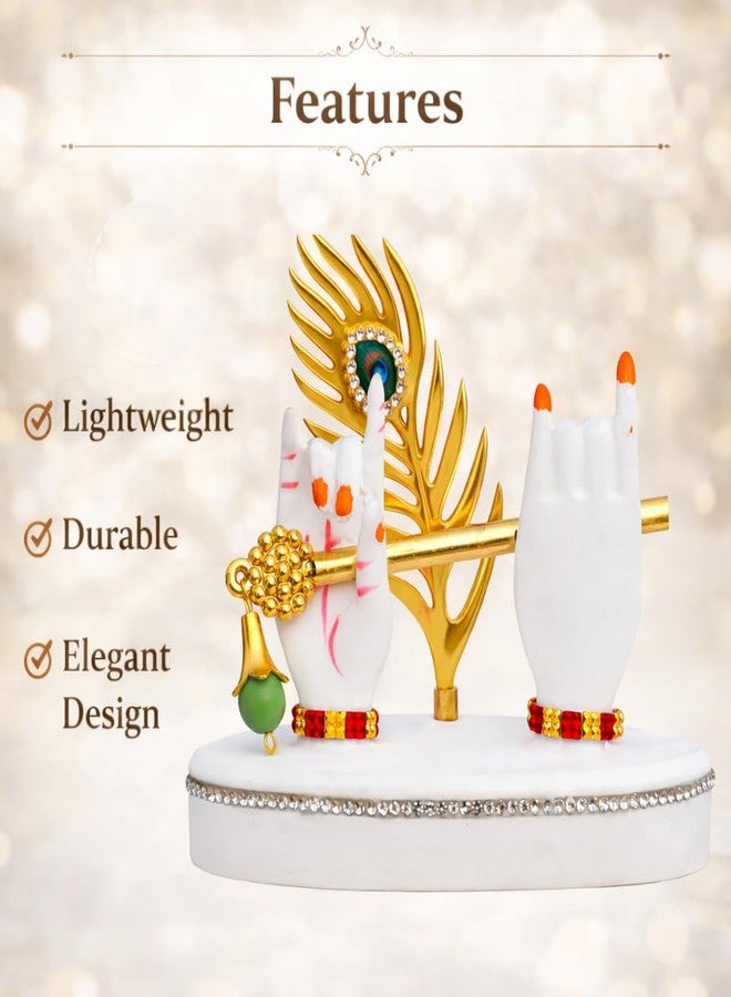 Tiny Shiny Krishna Hand with Flute & Mor Pankh | Krishnaji Divine Hands Idol with Flute and Peacock Feather | Krishna Statue for Car Dashboard & Home Living Room Décor Gift,White - Image 3