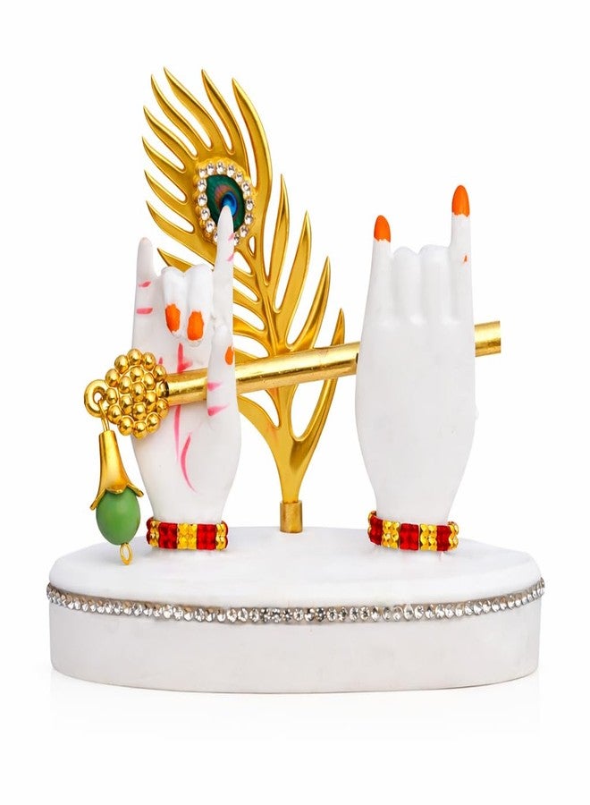 Tiny Shiny Krishna Hand with Flute & Mor Pankh | Krishnaji Divine Hands Idol with Flute and Peacock Feather | Krishna Statue for Car Dashboard & Home Living Room Décor Gift,White - Image 1