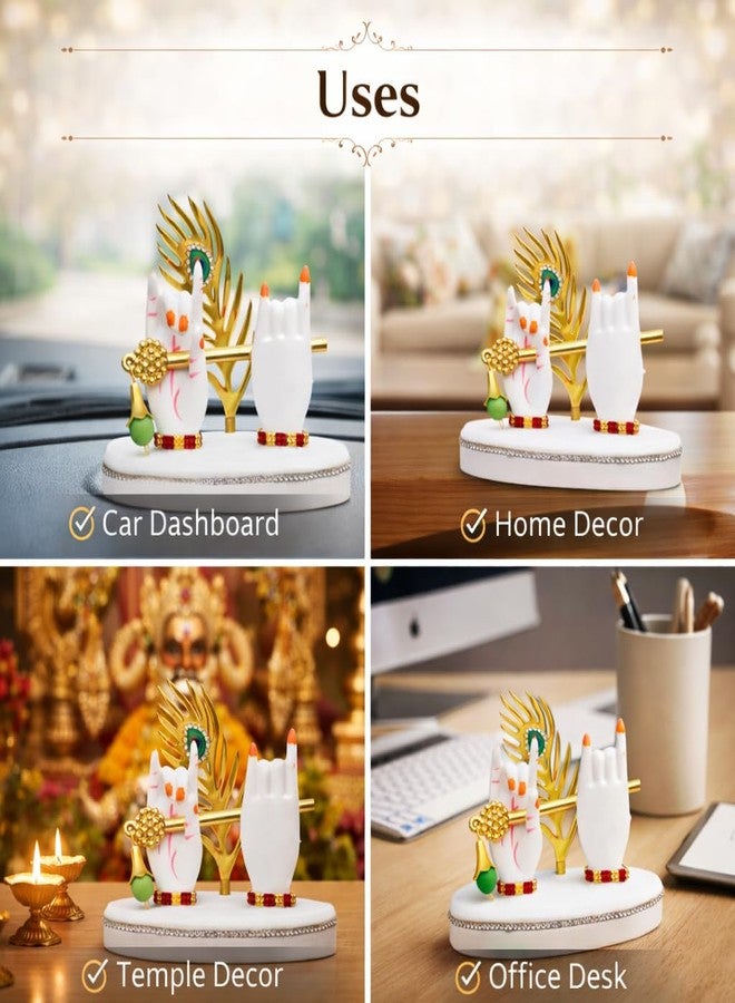 Tiny Shiny Krishna Hand with Flute & Mor Pankh | Krishnaji Divine Hands Idol with Flute and Peacock Feather | Krishna Statue for Car Dashboard & Home Living Room Décor Gift,White - Image 5