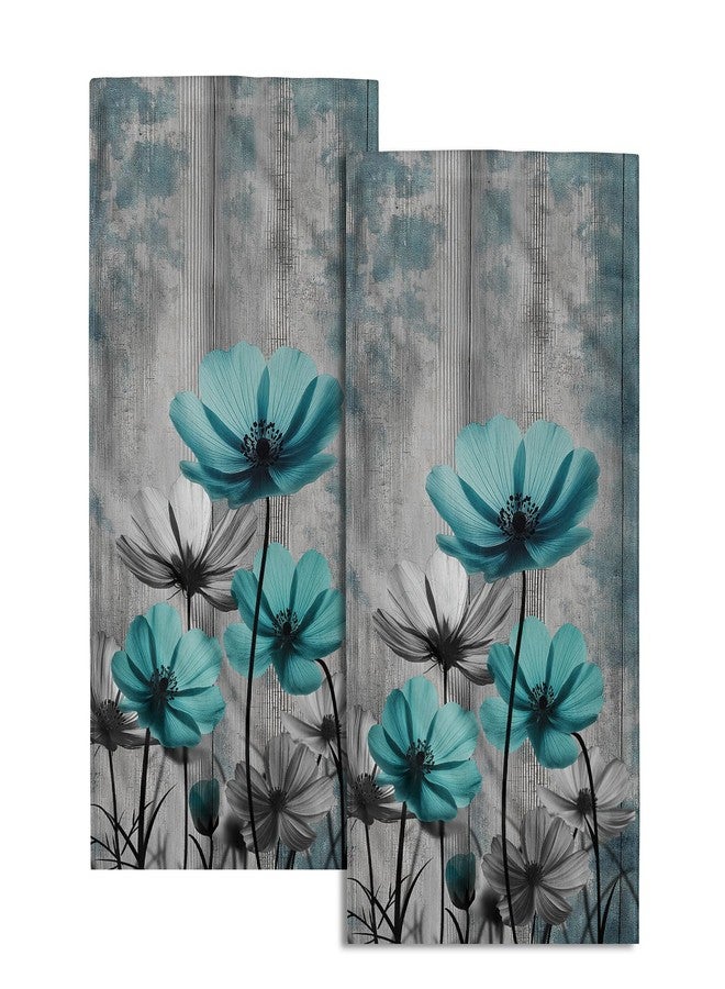 Granbey Teal Gray Floral Decorative Hand Towels for Bathroom Rustic Flower Wood Barn Vintage Kitchen Towels Set of 2 Turquoise Daisy Soft Absorbent Fingertip Dish Tea Towel for Home Yoga Gym Hotel - Image 1