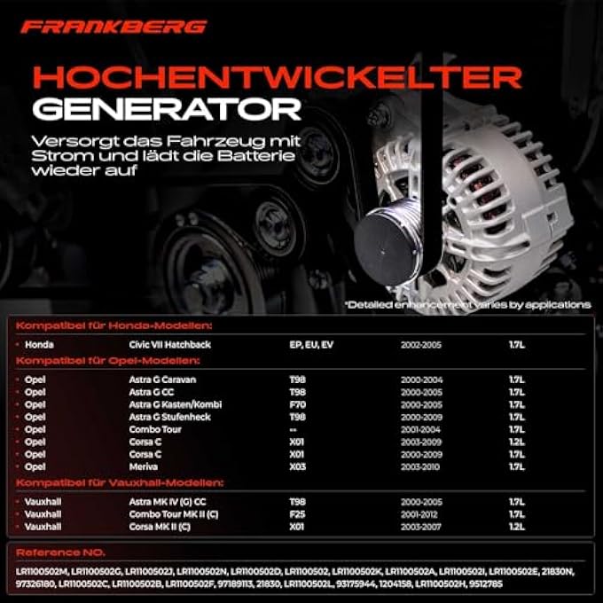Frankberg Alternator Generator Compatible with Astra G CC F08 F48 1.7L 2000-2005 Combo Tour 1.7L 2001-2004 Corsa C F08 F68 1.2L 1.7L 2000-2009 Meriva X03 1.7L 2003-2009 10 Replace# LR1100502 - Image 3