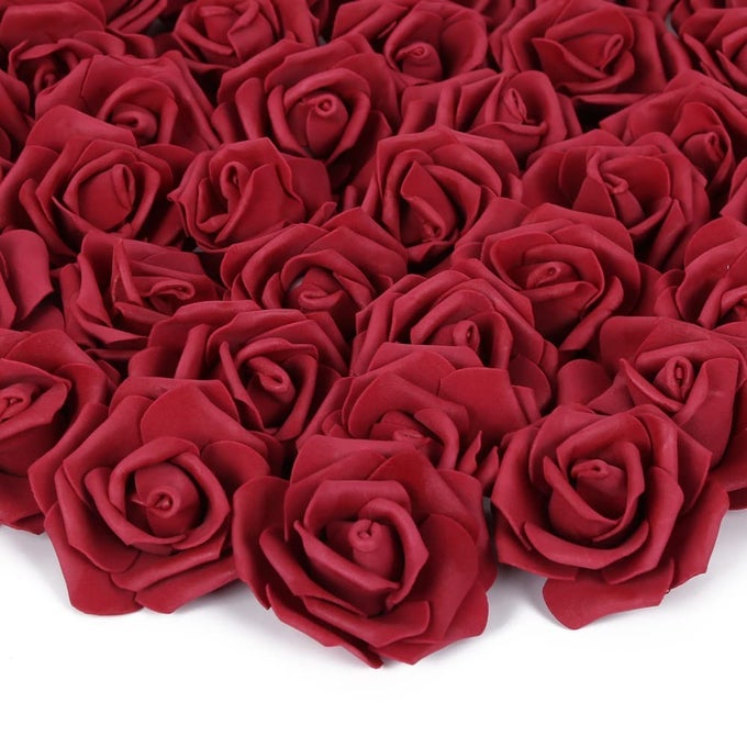 ARTIFICIAL ROSE FLOWER HEADS 100PCS BURGUNDY FAKE ROSES ARTIFICIAL FLOWER FOAM ROSE HEADS FOR DIY WEDDING BOUQUETS CENTERPIECES ARRANGEMENTS PARTY BABY SHOWER HOME DECOR STEMLESS BURGUNDY