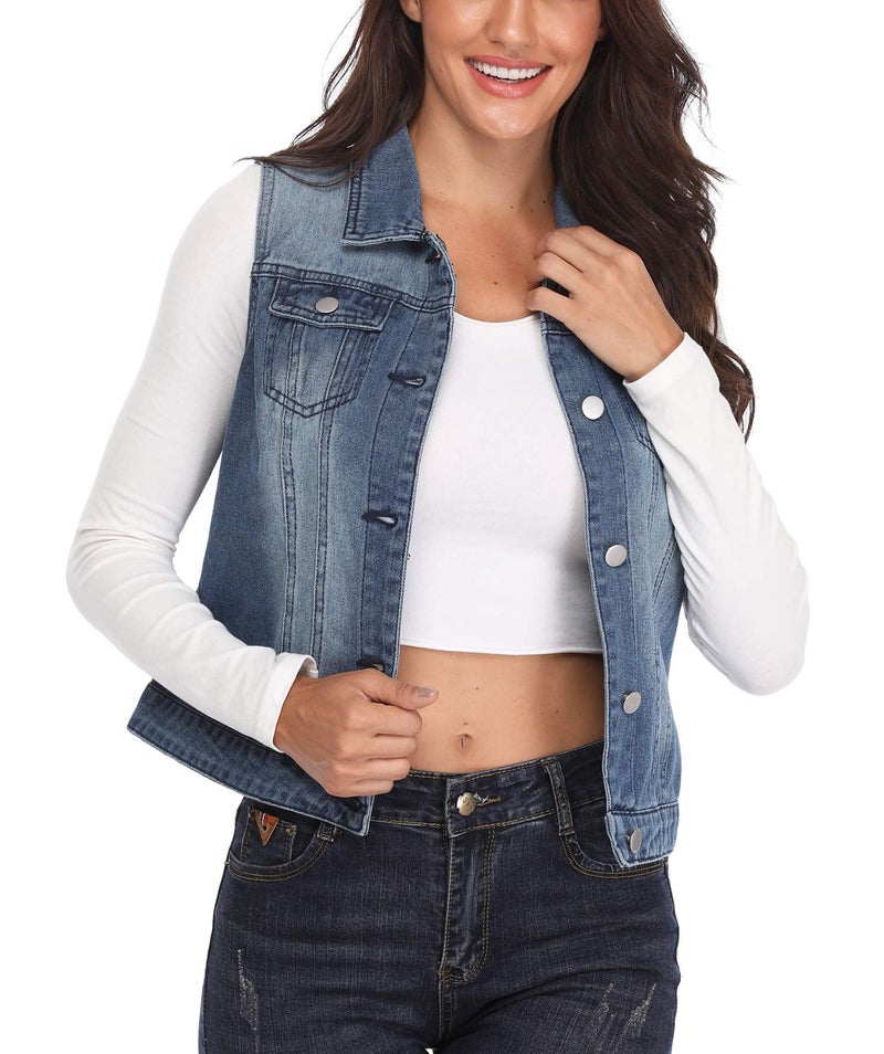 MISS MOLY Women's Denim Vest Cropped Classic Sleeveless Jean Vest Jackets With Flap Pockets Blue XL - Image 2