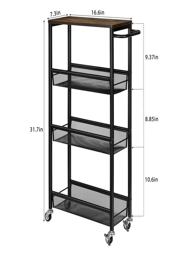 MOOACE Slim Storage Cart, 4 Tier Rolling Kitchen Shelving Unit on Wheels Mobile Narrow Cart with Wooden Tabletop for Bathroom, Laundry Narrow Places, 16.6''x 7.3''x 31.1''inch - Image 2