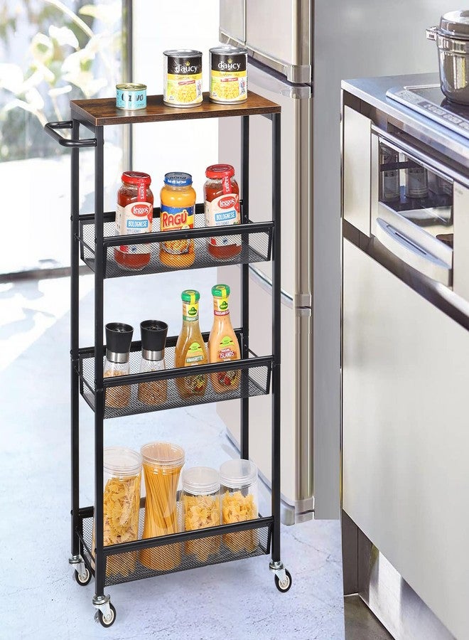 MOOACE Slim Storage Cart, 4 Tier Rolling Kitchen Shelving Unit on Wheels Mobile Narrow Cart with Wooden Tabletop for Bathroom, Laundry Narrow Places, 16.6''x 7.3''x 31.1''inch - Image 5