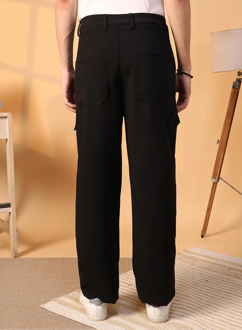 Campus Sutra Men's Onyx Black Asymmetrical Parachute Trousers