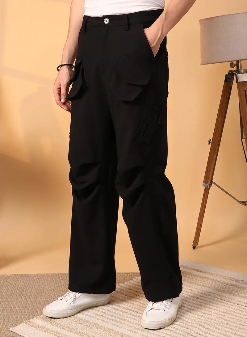 Campus Sutra Men's Onyx Black Asymmetrical Parachute Trousers