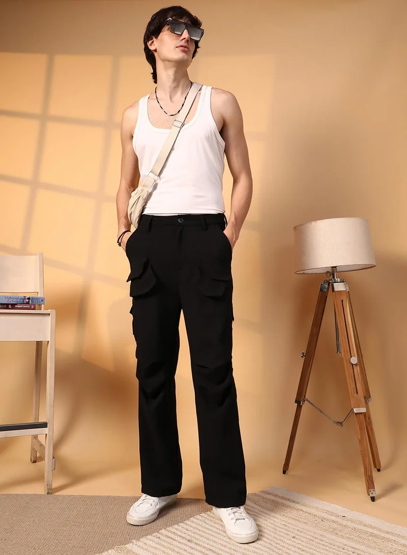 Campus Sutra Men's Onyx Black Asymmetrical Parachute Trousers