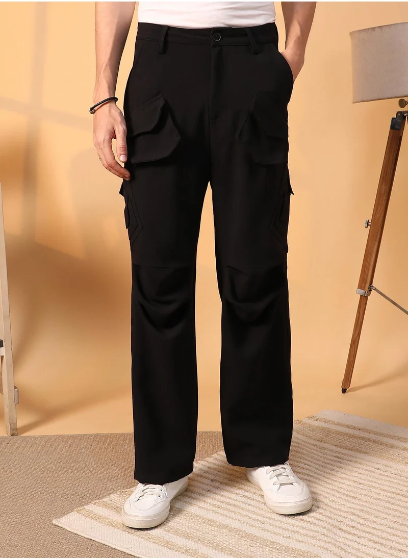 Campus Sutra Men's Onyx Black Asymmetrical Parachute Trousers