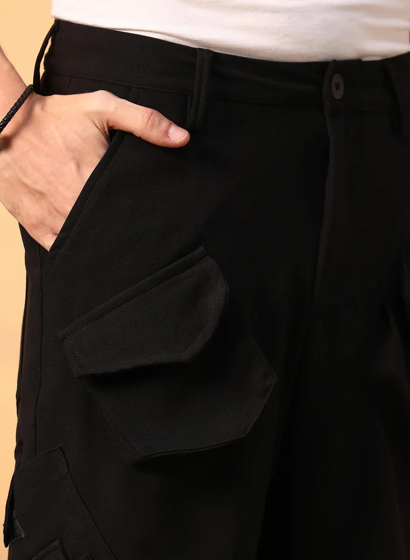 Campus Sutra Men's Onyx Black Asymmetrical Parachute Trousers
