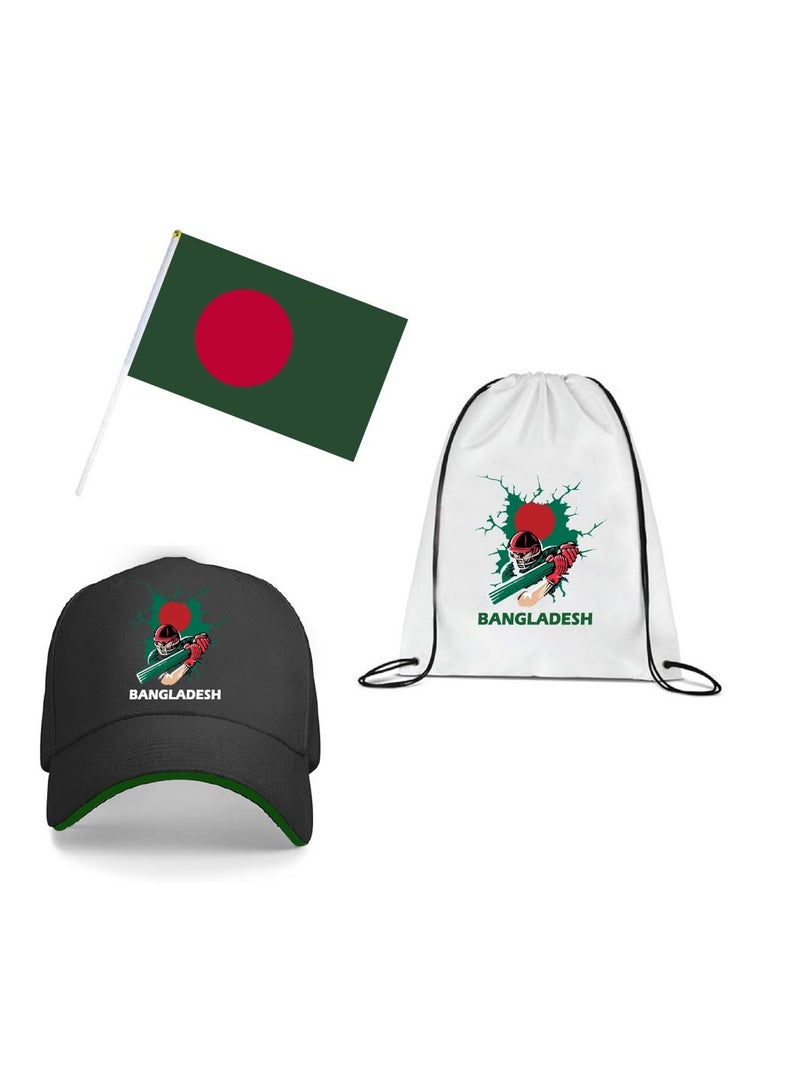Bangladesh Cricket Sports Fans Set - Pack of 3 Combo - Cap, Drawstring Bag, and Hand Flag - Ideal for Matches, Events, and Everyday Use - Perfect for Sports Fans - Image 1