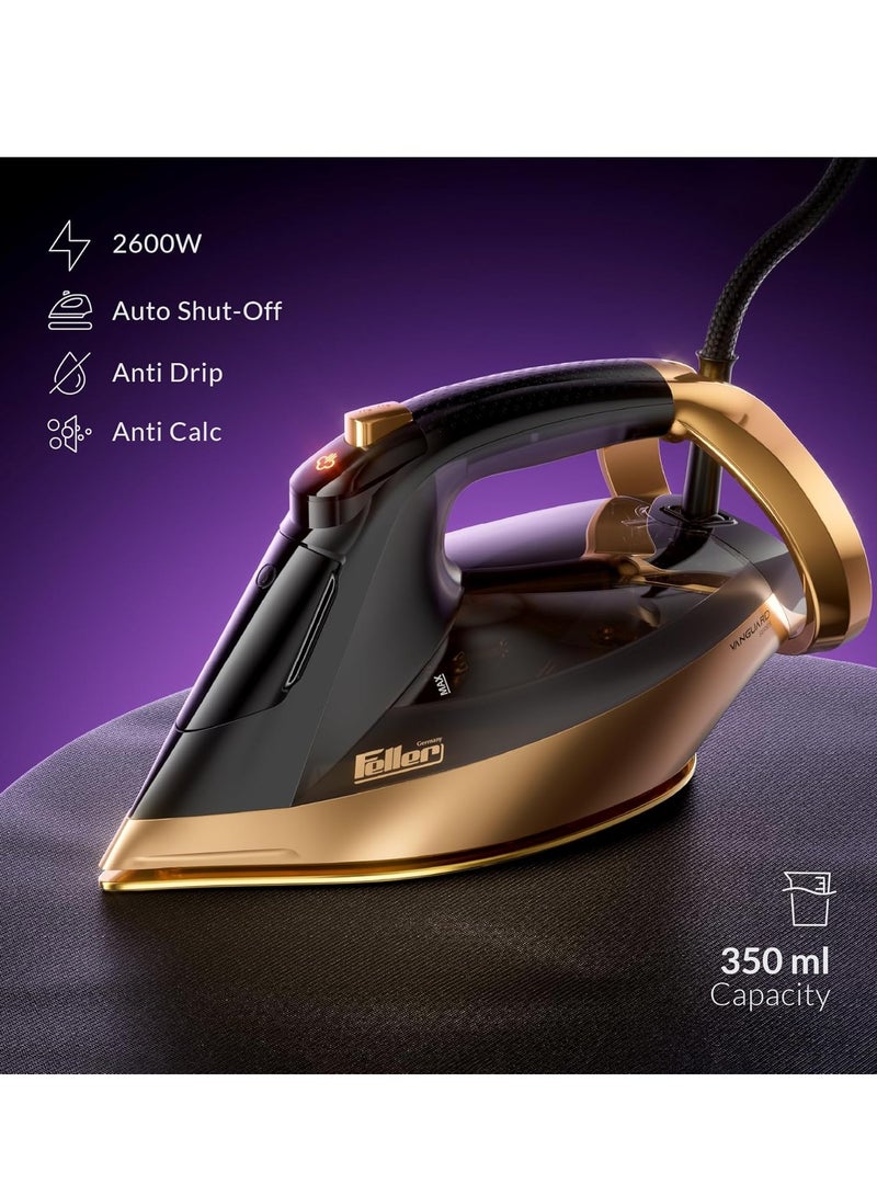 Feller Germany Vanguard Series Steam Iron, 2600W, Prime Gold Ceramic Double Sole Plate with Anti Calc, Auto Shut off, OptiTemp, Easy One Button Steam, SI260 GL - Image 2
