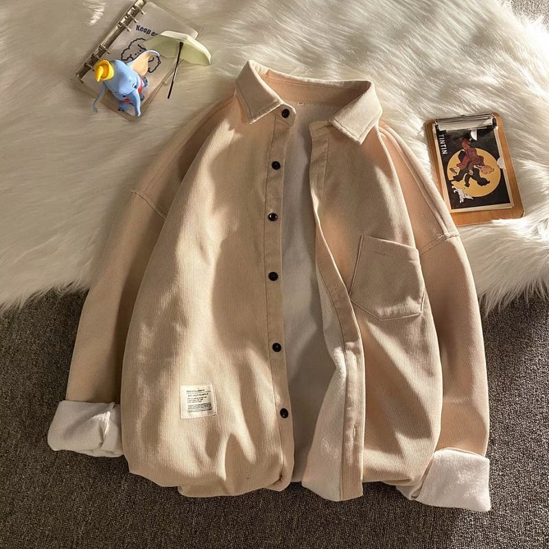 Spring and Autumn Shirt Mens Long-sleeved Loose Trendy Brand All-match fleece-lined Thickened Warm Shirt Corduroy Top Coat apricot fleece-lined - Image 1