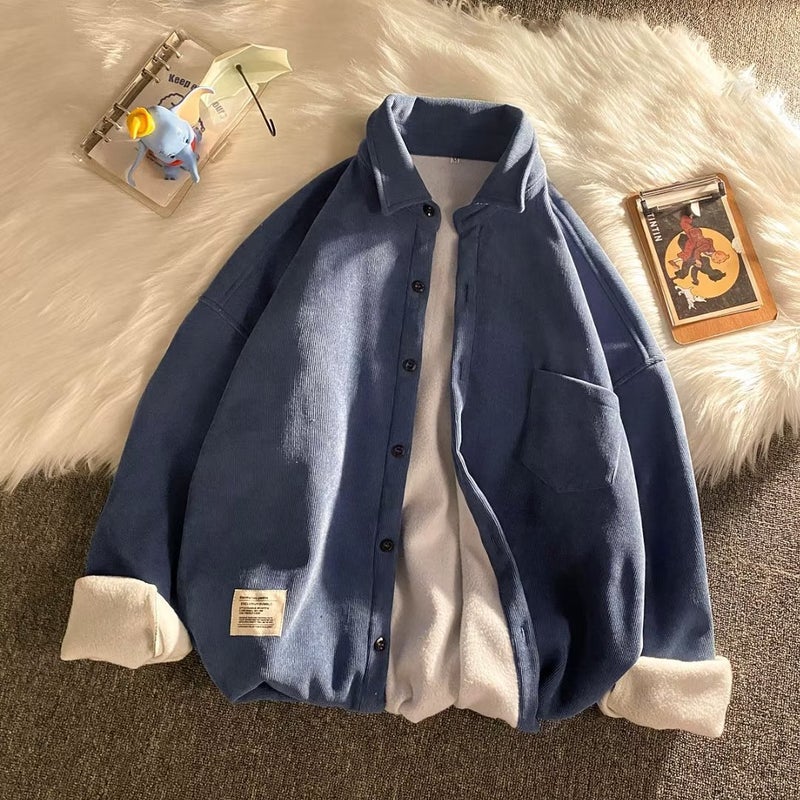 Spring and Autumn Shirt Mens Long-sleeved Loose Trendy Brand All-match fleece-lined Thickened Warm Shirt Corduroy Top Coat apricot fleece-lined - Image 2