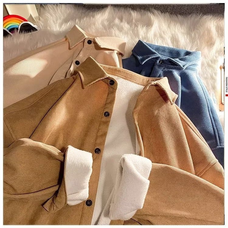 Spring and Autumn Shirt Mens Long-sleeved Loose Trendy Brand All-match fleece-lined Thickened Warm Shirt Corduroy Top Coat apricot fleece-lined - Image 5