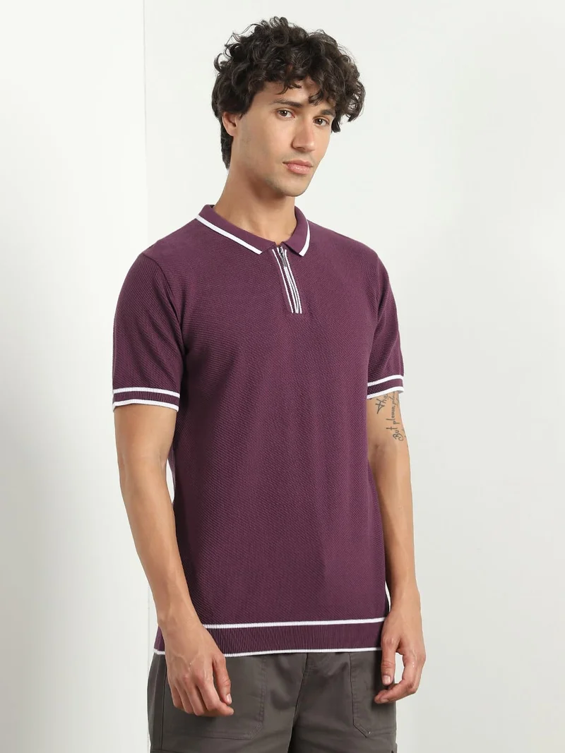NOBERO  Textured Purple Polo T-Shirt for Men for Men | Best Price UAE