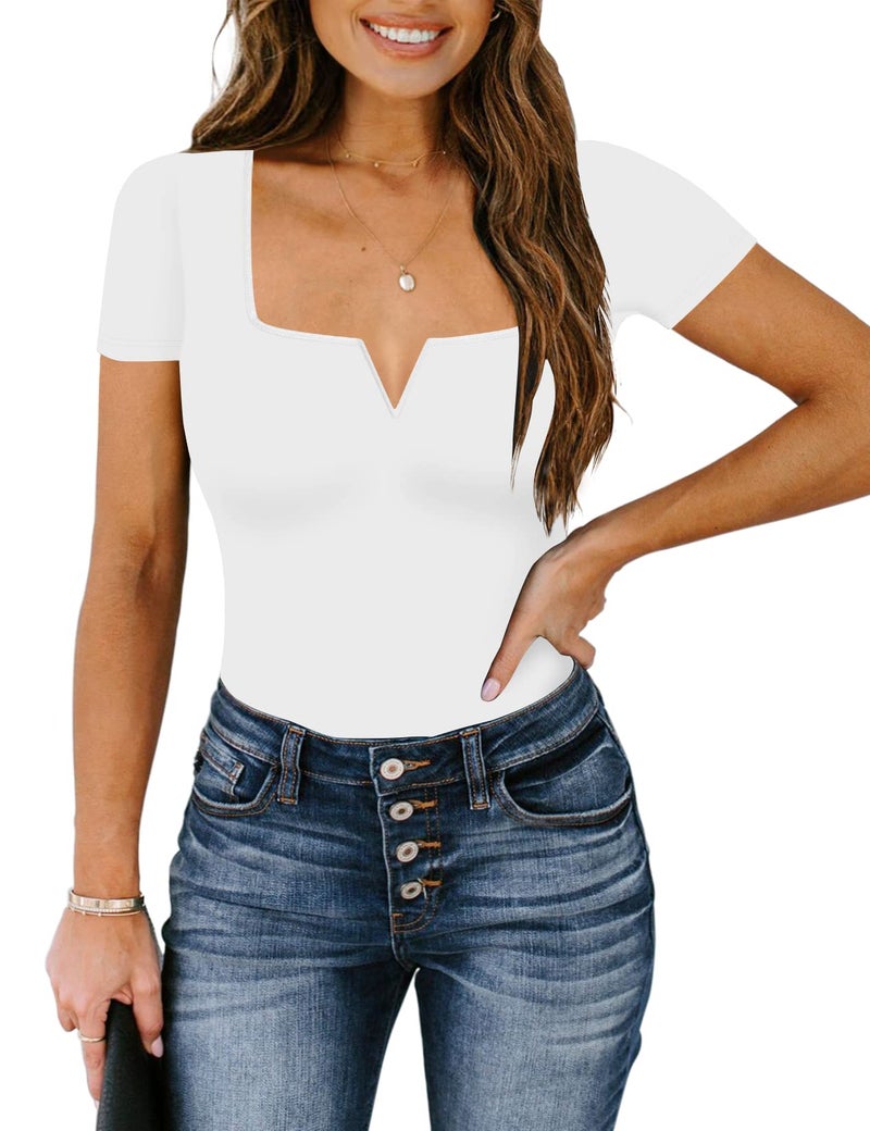 Chunpin Women's Short Sleeve Bodysuit Square Neck Notch V Neck Body Suits Double Lined Going Out Outfits Thong Bodysuits White Small - Image 3