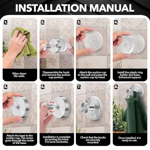 Besti Shower Suction Cup Hooks, Strong Suction Power, Towel Hooks for Shower Glass Door, Bathroom, Kitchen, Mirrors, Tiles, Holds up to 11 lbs, Ideal for Towels, Bath Robes, Coats (Stainless Steel) - Image 3