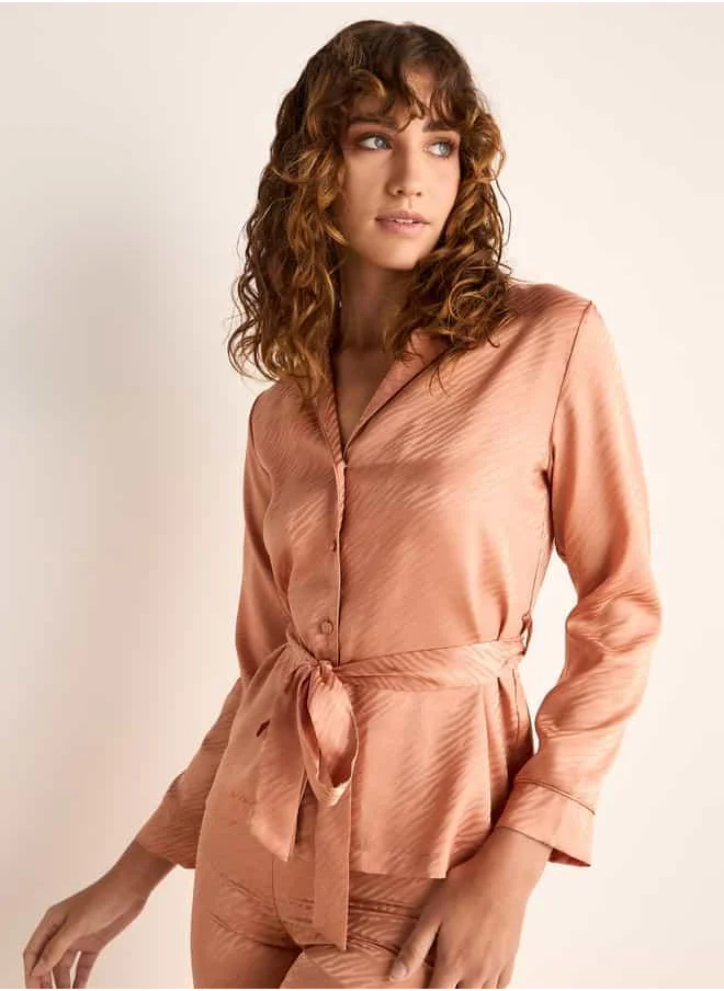 فاف Textured Jacquard Satin Shirt with Belt and Pyjama Set