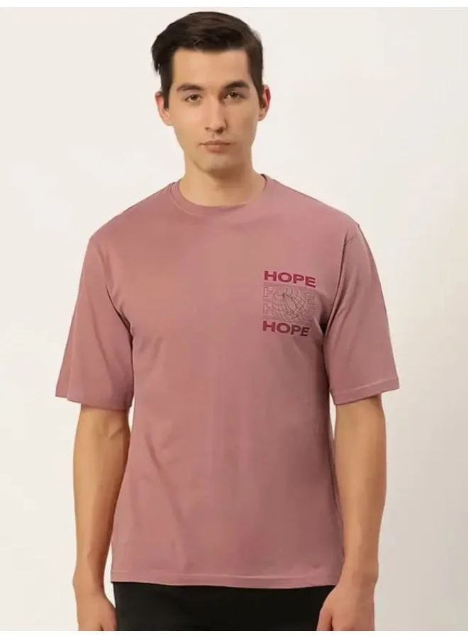 مانياك تيشيرت قطن وردي مطبوع بقصة ضيقة وياقة مستديرة وأكمام نصفية للرجال