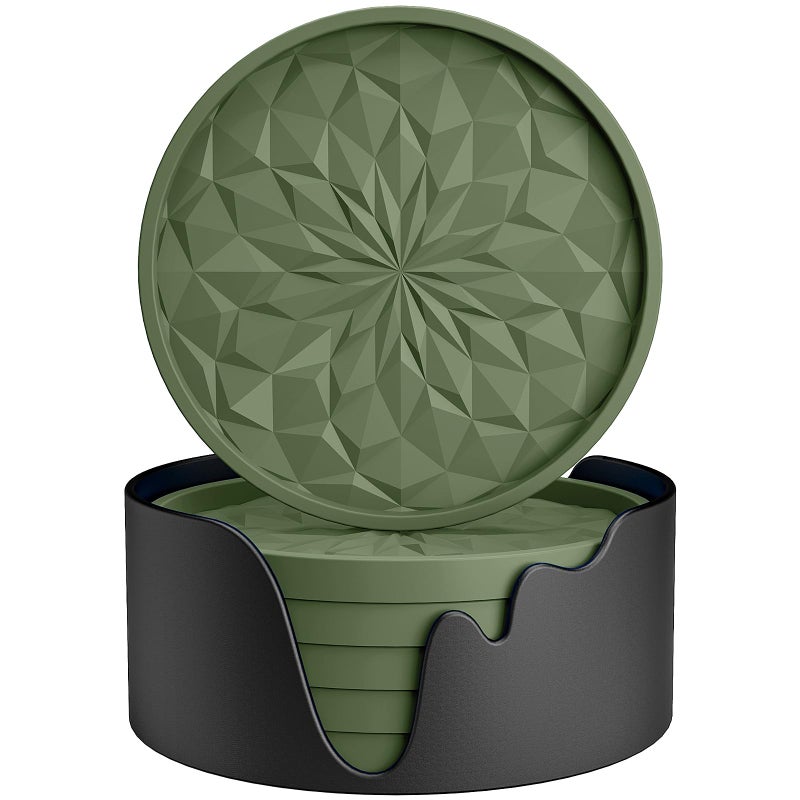MEFAN Silicone Coasters with Holder6 Pack Drinking Coasters Cup Mat for Hot or Cold Drinks Thickened NonSlip NonstickDeep Tray Olive Green