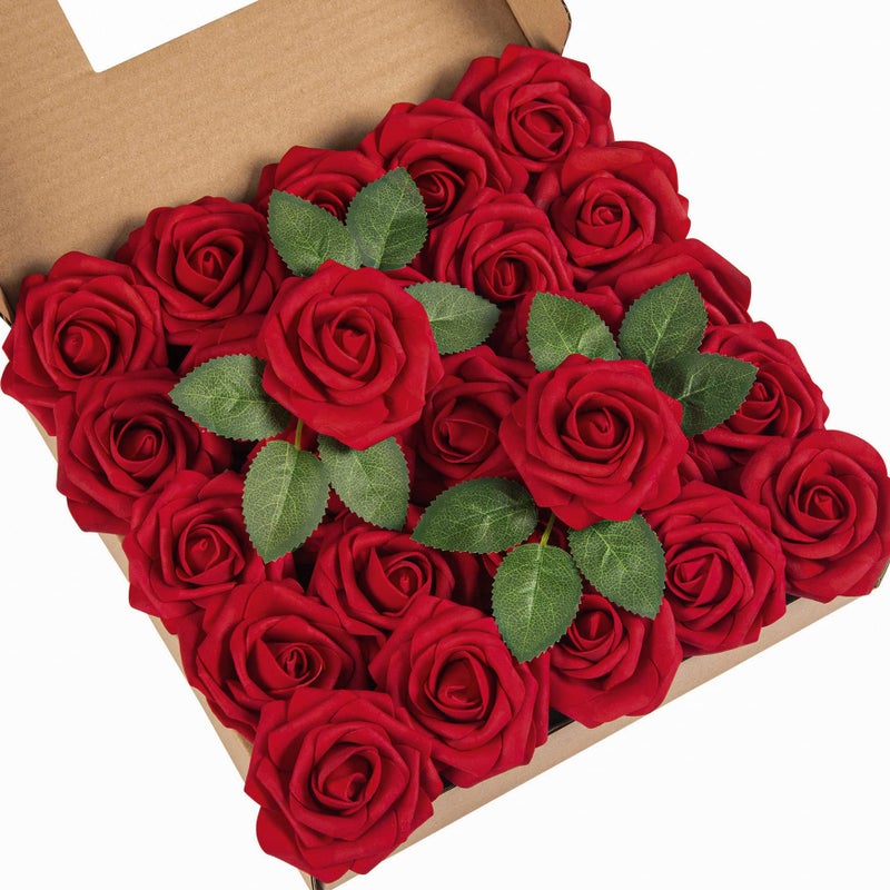 DuHouse 25Pcs Artificial Roses Flowers Fake Roses with Stems Real Touch Foam Flowers for DIY Wedding Bouquet Party Centerpiece Floral Arrangement Party Home DecorDark Red