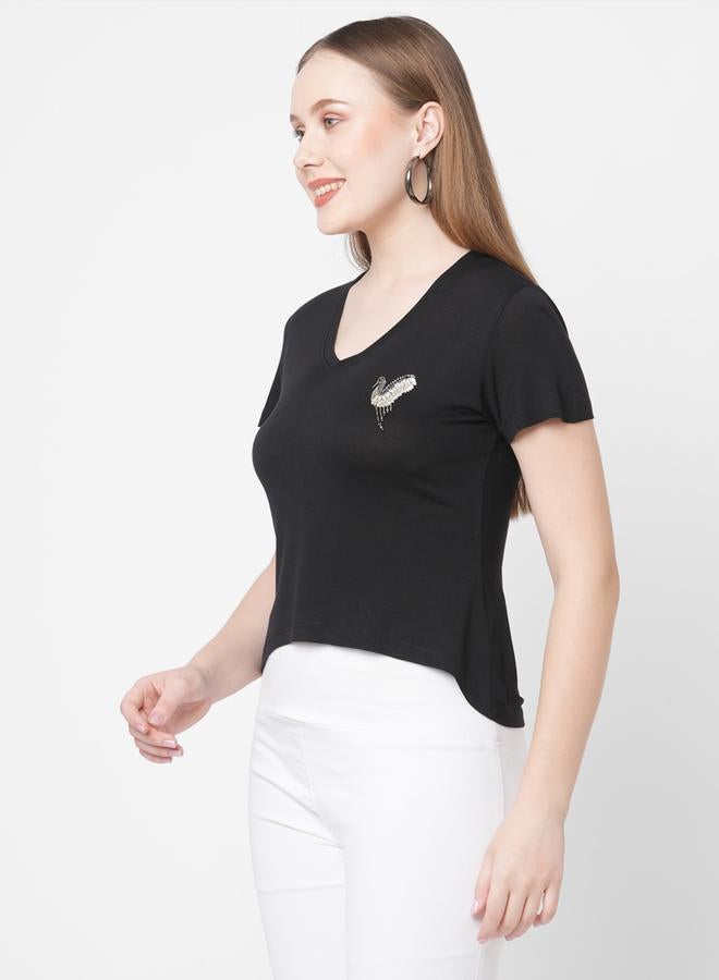 ميش تيشيرت نسائي قصير الأكمام مطرز بطائر أسود - Image 4