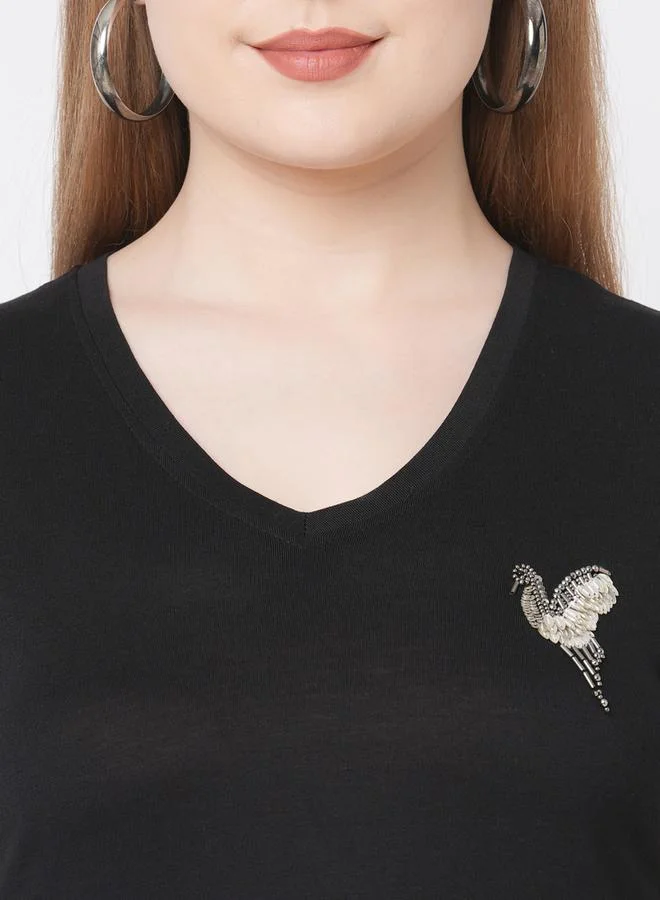 Mish Mish Women Black Embroidered Bird Detail Short Sleeve T-Shirt