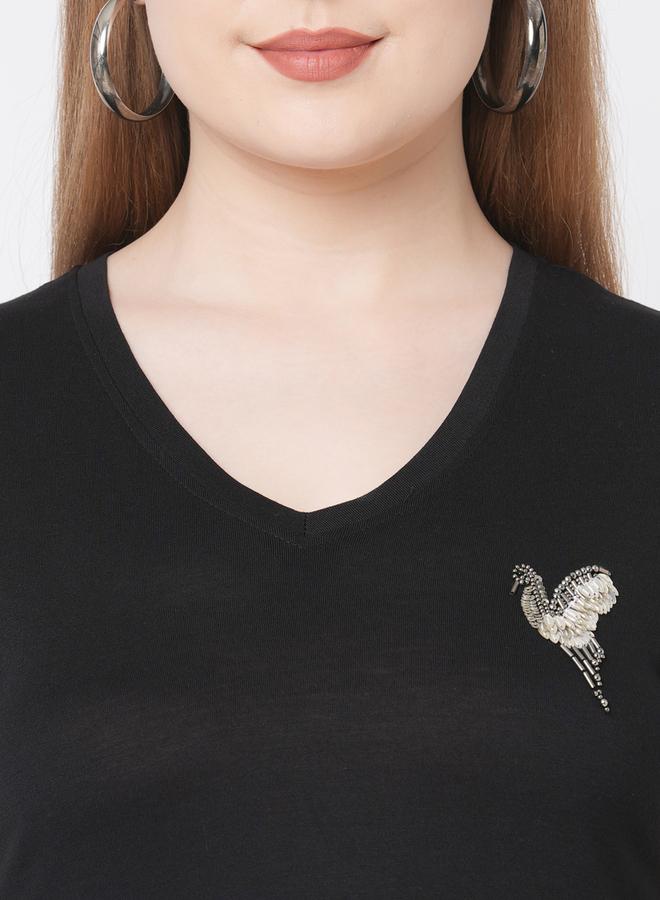 ميش تيشيرت نسائي قصير الأكمام مطرز بطائر أسود - Image 2