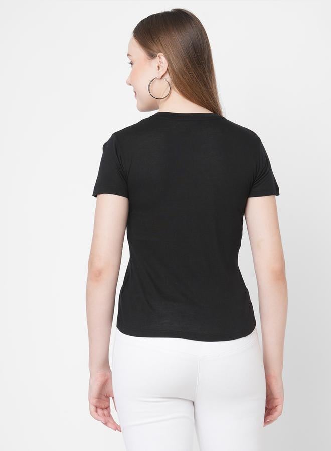 ميش تيشيرت نسائي قصير الأكمام مطرز بطائر أسود - Image 5