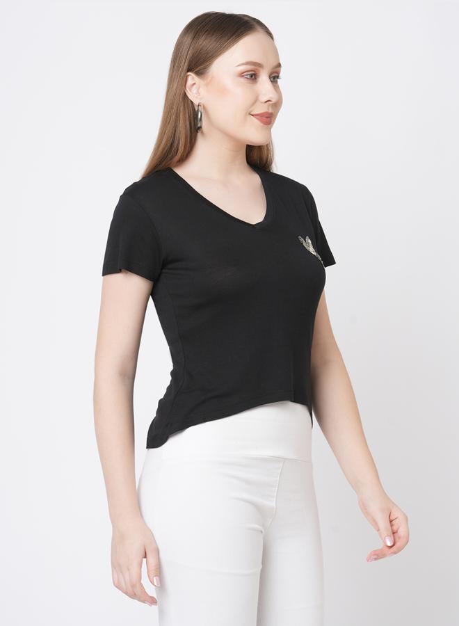 ميش تيشيرت نسائي قصير الأكمام مطرز بطائر أسود - Image 3