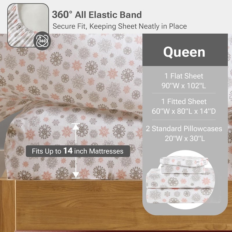 Sleep Philosophy True North by Sleep Philosophy Cozy Flannel Warm 100% Cotton Sheet - Novelty Print Animals Stars Cute Ultra Soft Cold Weather Bedding Set, Queen, Pink/Grey Snowflakes 4 Piece - Image 4