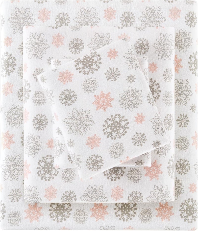 Sleep Philosophy True North by Sleep Philosophy Cozy Flannel Warm 100% Cotton Sheet - Novelty Print Animals Stars Cute Ultra Soft Cold Weather Bedding Set, Queen, Pink/Grey Snowflakes 4 Piece - Image 1