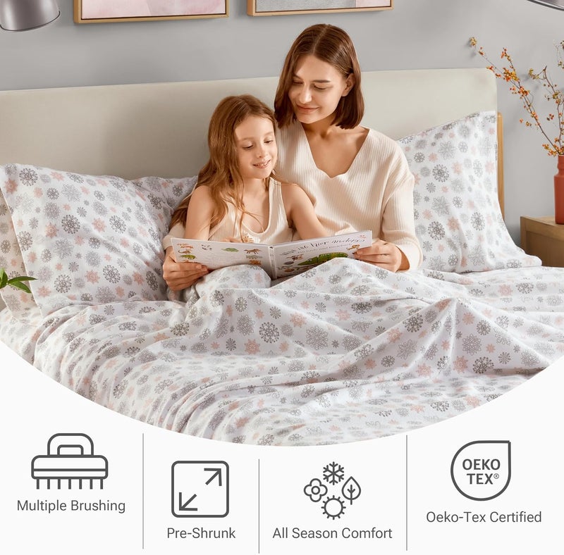 Sleep Philosophy True North by Sleep Philosophy Cozy Flannel Warm 100% Cotton Sheet - Novelty Print Animals Stars Cute Ultra Soft Cold Weather Bedding Set, Queen, Pink/Grey Snowflakes 4 Piece - Image 3