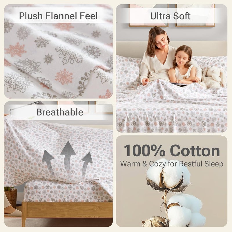 Sleep Philosophy True North by Sleep Philosophy Cozy Flannel Warm 100% Cotton Sheet - Novelty Print Animals Stars Cute Ultra Soft Cold Weather Bedding Set, Queen, Pink/Grey Snowflakes 4 Piece - Image 2
