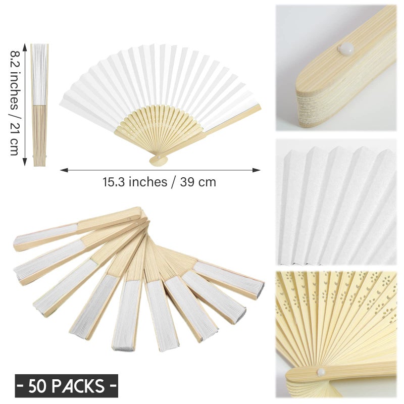 Grosun 50 Packs White Paper Fans Paper Hand Fan Bamboo Folding Fan Handheld Fan Paper Folded Fan Paper Fan for Wedding Party and Home Decoration - Image 2