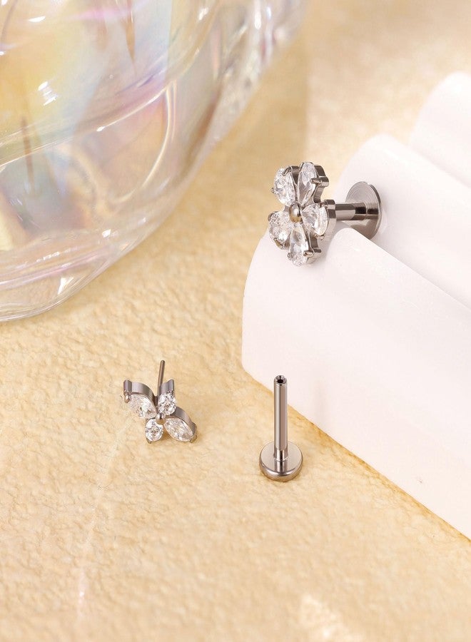 NICEIGHT 2Pcs 16G 18G F136 Titanium Threadless Cartilage Earrings Stud for Women Flat Back Push in Helix Tragus Labret Monroe Stud Hypoallergenic Flower Conch Lobe Stud Piercing Jewelry 6/8MM, 18G - Image 2