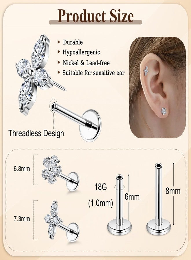 NICEIGHT 2Pcs 16G 18G F136 Titanium Threadless Cartilage Earrings Stud for Women Flat Back Push in Helix Tragus Labret Monroe Stud Hypoallergenic Flower Conch Lobe Stud Piercing Jewelry 6/8MM, 18G - Image 3
