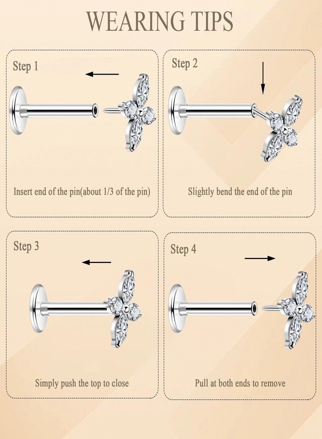 NICEIGHT 2Pcs 16G 18G F136 Titanium Threadless Cartilage Earrings Stud for Women Flat Back Push in Helix Tragus Labret Monroe Stud Hypoallergenic Flower Conch Lobe Stud Piercing Jewelry 6/8MM, 18G - Image 4