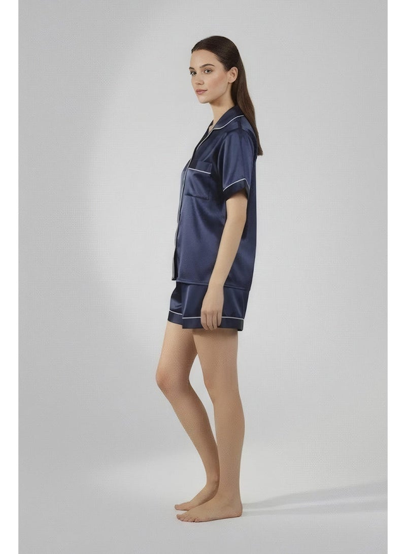 Silk N Love Pack of 2 - Shirt Top + Shorts - Navy Poly Jersey Pajama Set for Ladies Women Clothes Girls Night Wearing Nighty Sleepwear Lingerie Dress Pyjama Set - Image 2