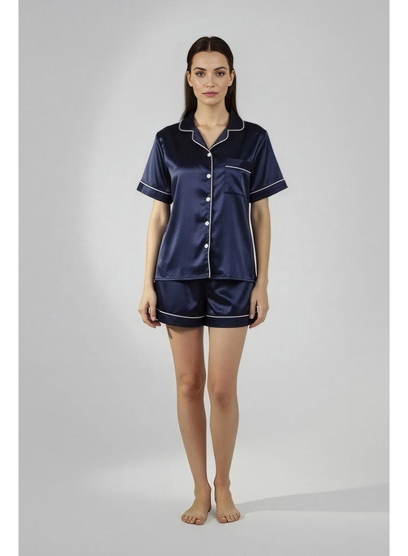 Silk N Love Pack of 2 - Shirt Top + Shorts - Navy Poly Jersey Pajama Set for Ladies Women Clothes Girls Night Wearing Nighty Sleepwear Lingerie Dress Pyjama Set - Image 1