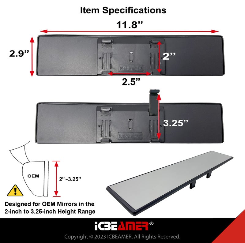ICBEAMER 11.8" ICBEAMER Clip On Rear View Mirror | Flat Clear Tint Glass, Panoramic Wide Angle HD Glass, Anti Glare, Universal Fit for Car, SUV, Truck | Eliminates Blind Spots (1 Pack) - Image 5