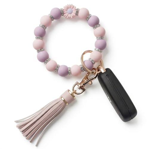 BIHRTC Silicone Wristlet Keychains Key Ring Bracelets Wristlet Keychain With Leather Tassel Keychain Beaded Bangle Keyring for Women House Car Keys Rings Holder Key Chain - Image 1