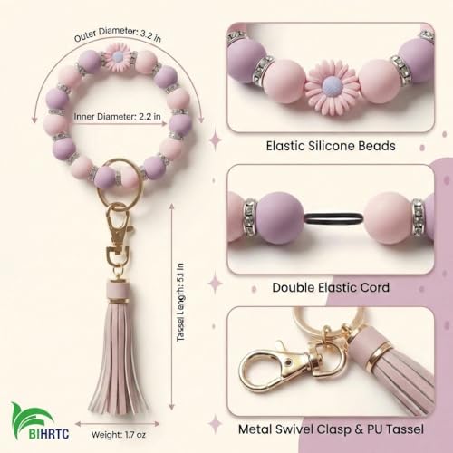 BIHRTC Silicone Wristlet Keychains Key Ring Bracelets Wristlet Keychain With Leather Tassel Keychain Beaded Bangle Keyring for Women House Car Keys Rings Holder Key Chain - Image 2