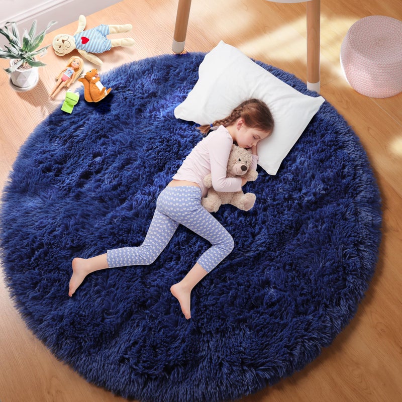 PAGISOFE Soft Navy Round Rug 4Ft Circle Rugs for Boys BedroomFluffy Shaggy Carpets Small Children RugFurry Teepee MatComfy Reading Rug for Classroom Area Rugs for Girls Boys Baby Room Nursery