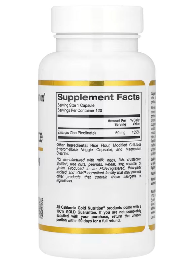 California Gold Nutrition Zinc Picolinate, 50 mg, 120 Veggie Capsules  - Image 3
